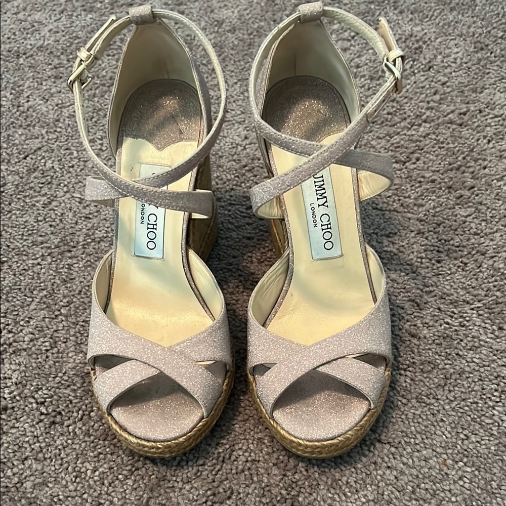 Jimmy Choo Women's pink glitter wedge sandal